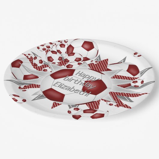 Maroon witte voetballen sterren verjaardag papieren bordje (Gekanteld)