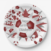 Maroon witte voetballen sterren verjaardag papieren bordje (Voorkant)