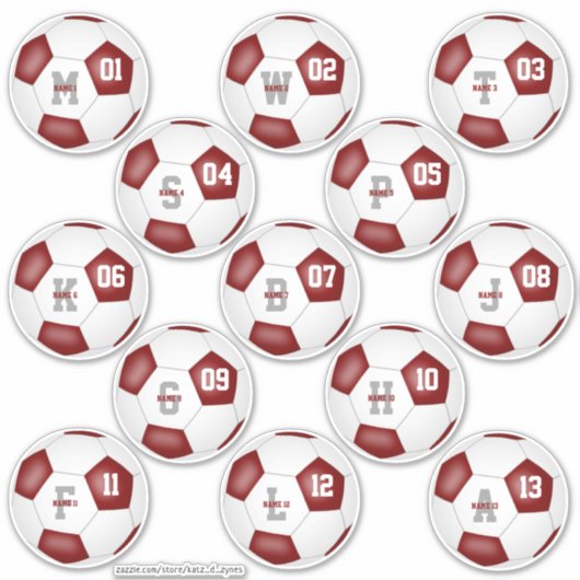 Maroon-witvoetbalteam kleuren jongens meisjes zett sticker (Voorkant)