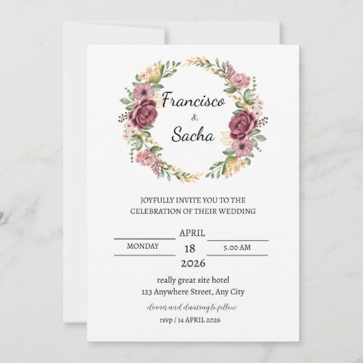 Maroon Wreath flower Wedding Save the Date Kaart (Achterkant)