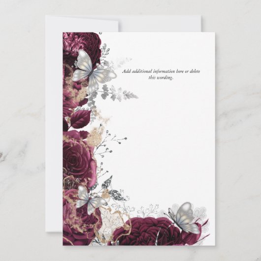 Maroon zilver roos vlinder chique elegante bruilof kaart (Achterkant)