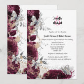 Maroon zilver roos vlinder chique elegante bruilof kaart (Voorkant / Achterkant)