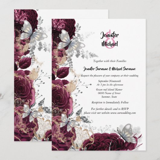 Maroon zilver roos vlinder chique elegante bruilof kaart (Voorkant / Achterkant)