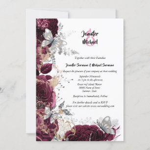 Maroon zilver roos vlinder chique elegante bruilof kaart