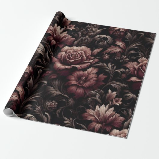 Maroon Zwart Bloemen Cadeaupapier (Uitgerold)