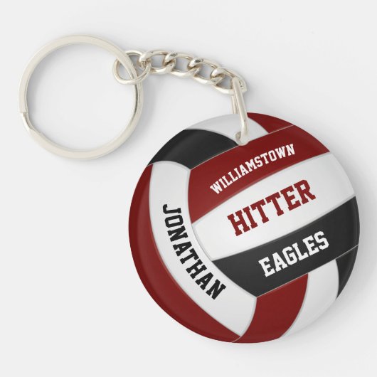 Maroon zwart team kleuren gepersonaliseerd volleyb sleutelhanger (Voorkant)