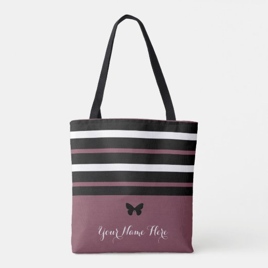 Maroon Zwart-wit Strepen met Vlinder #1 Tote Bag (Achterkant)