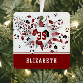 Maroon zwarte voetballen sterren gepersonaliseerd metalen ornament