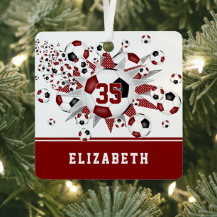 Maroon zwarte voetballen sterren gepersonaliseerd metalen ornament
