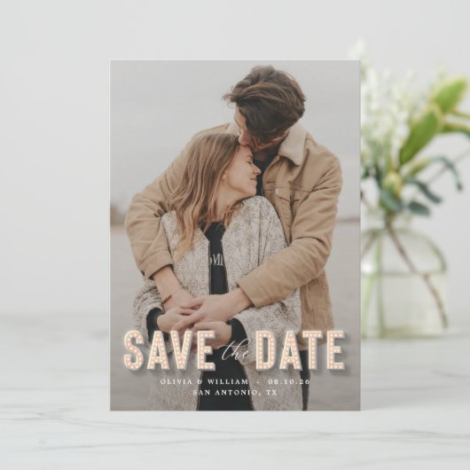 Marquee Lichten Foto Opslaan Datum uitnodiging (Staand voorkant)