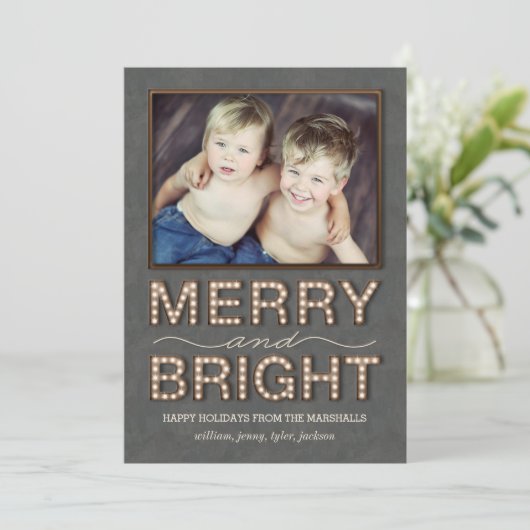 Marquee Lights Holiday-fotokaart Merry en Bright Feestdagenkaart (Staand voorkant)