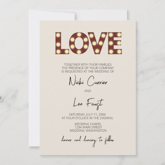 Marquee Lights 'Love' bruiloft uitnodiging (Voorkant)
