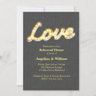 Marquee Lights Rehearsal Dinner nodigt Grey Burlap Kaart