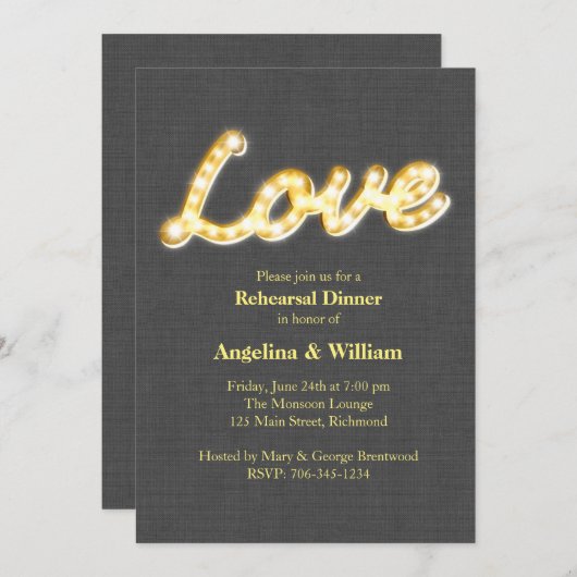 Marquee Lights Rehearsal Dinner nodigt Grey Burlap Kaart (Voorkant / Achterkant)