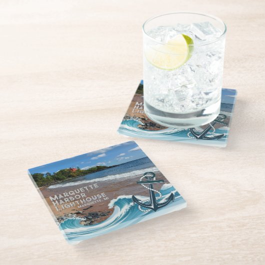 Marquette Harbour Lighthouse, Marquette, Verenigd Glazen Onderzetter (Schuin)