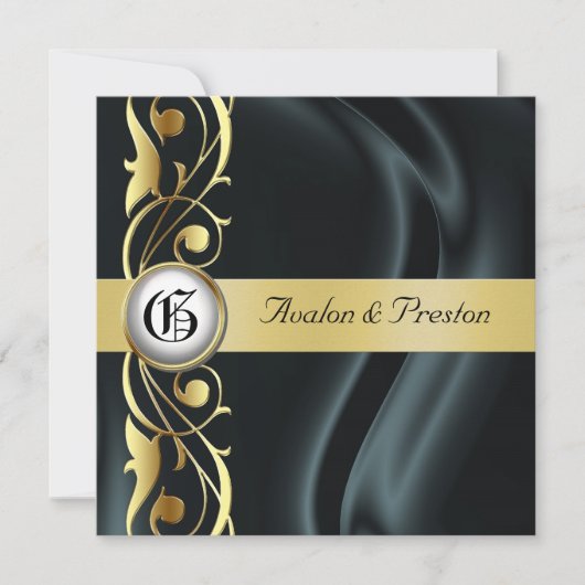 Marquis Black Silk Gold Scroll Pearl Invitation Kaart (Voorkant)