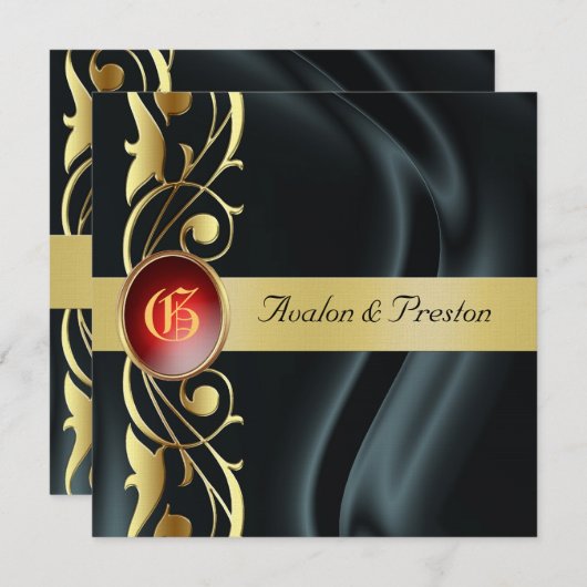 Marquis Black Silk Gold Scroll Ruby Invitation Kaart (Voorkant / Achterkant)