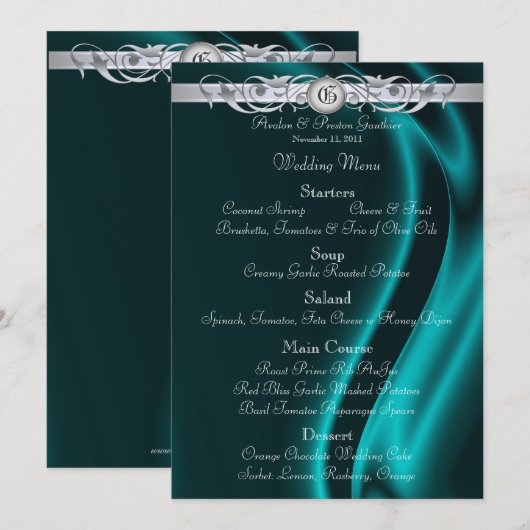 Marquis Blauwgroen Silk Silver Scroll Wedding Menu (Voorkant / Achterkant)
