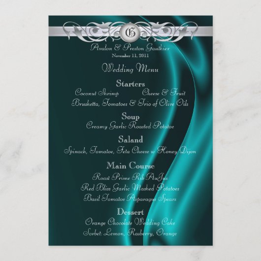 Marquis Blauwgroen Silk Silver Scroll Wedding Menu (Voorkant)
