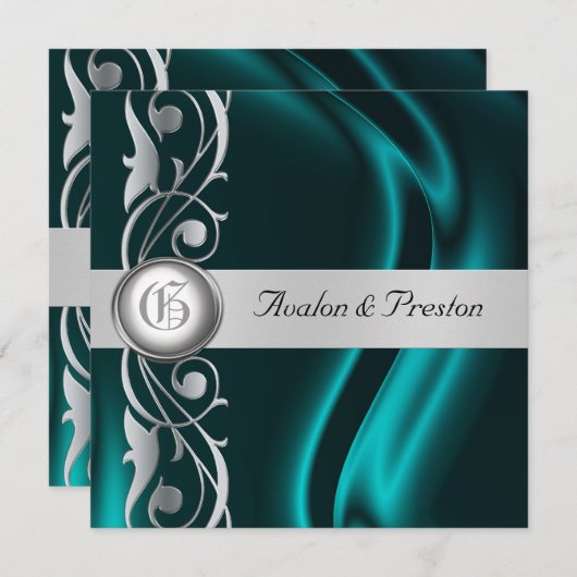 Marquis Blauwgroen Zijderzijde Rol Pearl Uitnodigi Kaart (Voorkant / Achterkant)
