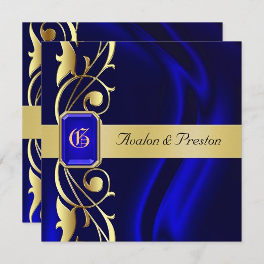 Marquis Blue Silk Gold Scroll Sapphire Invitation Kaart (Voorkant / Achterkant)