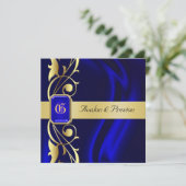 Marquis Blue Silk Gold Scroll Sapphire Invitation Kaart (Staand voorkant)
