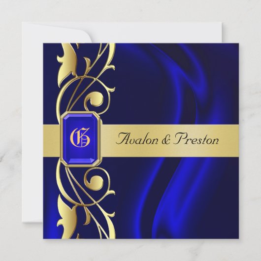 Marquis Blue Silk Gold Scroll Sapphire Invitation Kaart (Voorkant)