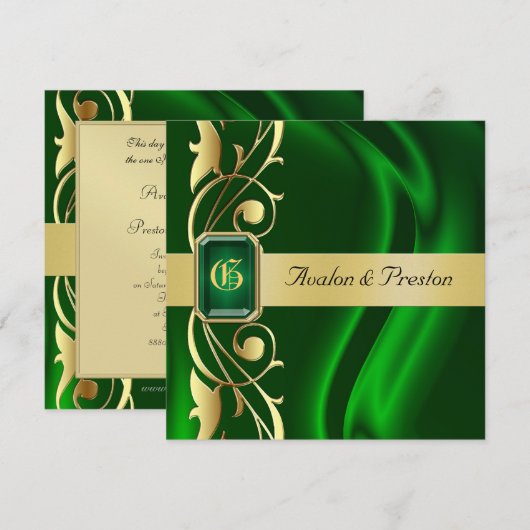 Marquis Green Silk Gold Scroll Emerald Invitation Kaart (Voorkant / Achterkant)