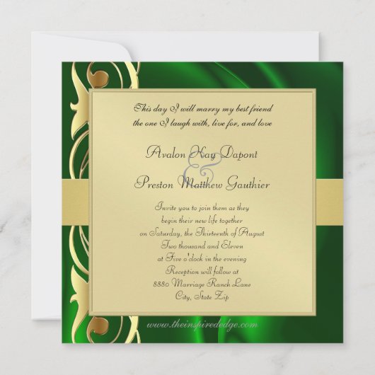 Marquis Green Silk Gold Scroll Emerald Invitation Kaart (Achterkant)