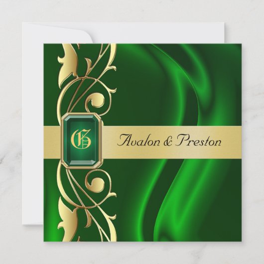 Marquis Green Silk Gold Scroll Emerald Invitation Kaart (Voorkant)