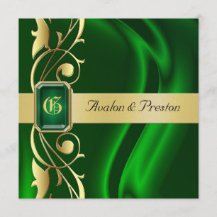 Marquis Green Silk Gold Scroll Emerald Invitation Kaart