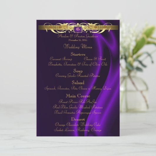 Marquis Paars Silk Gold Scroll WeddenMenu Menu (Staand voorkant)