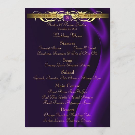 Marquis Paars Silk Gold Scroll WeddenMenu Menu (Voorkant)