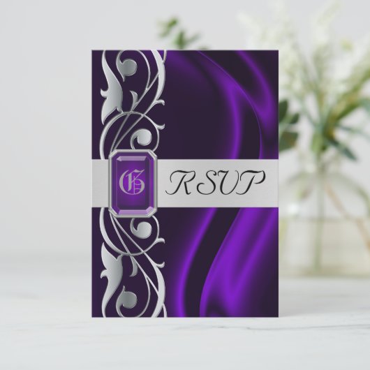 Marquis Paarse Silk Silver Scroll Pearl Rsvp Kaartje (Staand voorkant)