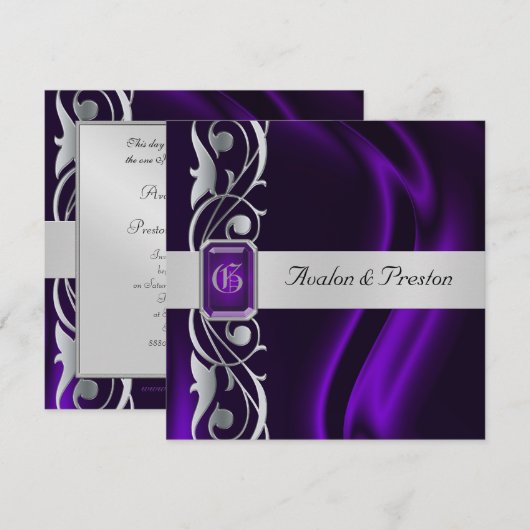 Marquis Paarse Silk Silver Scroll Pearl Uitnodigin Kaart (Voorkant / Achterkant)