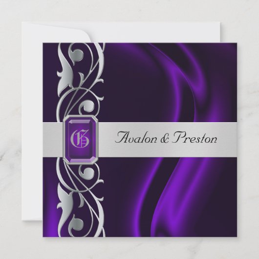 Marquis Paarse Silk Silver Scroll Pearl Uitnodigin Kaart (Voorkant)