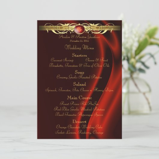 Marquis Red Silk Gold Scroll Weddenmenu Menu (Staand voorkant)