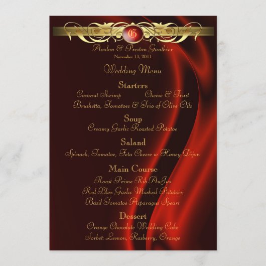 Marquis Red Silk Gold Scroll Weddenmenu Menu (Voorkant)
