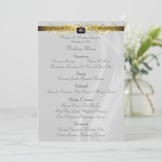 Marquis White Silk Gold Scroll Weddenmenu Menu (Staand voorkant)