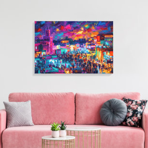 Marrakech Jemaa el-Fnaa Nachtmarkt Olie Schilderij Canvas Afdruk