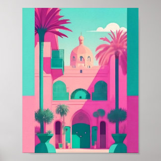Marrakech Marokko Flat Vector Art Turquoise Poster