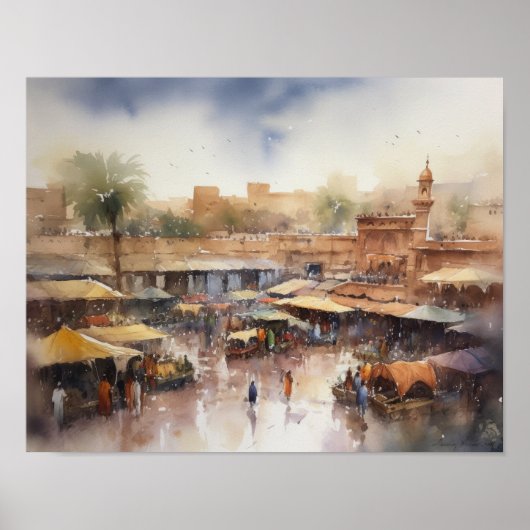 Marrakech Marokko Watercolor Kunstprint Poster (Voorkant)