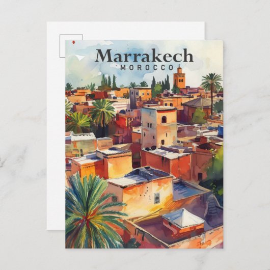 Marrakech Marokko Waterverf schilderij Reizen Briefkaart (Voorkant / Achterkant)