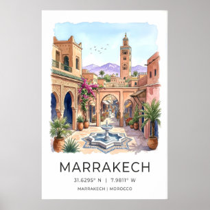 Marrakech Muur Kunstprint Aquarel Stadsgezicht Poster