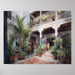 Marrakech Riad Waterverf Art Print Poster