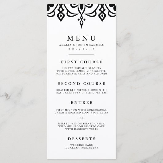 Marrakesh Bruiloft Menu Kaart | Zwart (Voorkant)