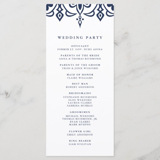 Marrakesh huwelijksprogramma | Marineblauw Programmakaart (Achterkant)