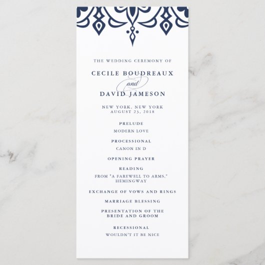 Marrakesh huwelijksprogramma | Marineblauw Programmakaart (Voorkant)