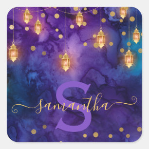 Marrakesh Middennacht Lantaarns & Goud Bokeh Monog Vierkante Sticker