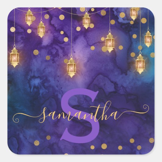 Marrakesh Midnight Lantern & Gold Bokeh Monogram Vierkante Sticker (Voorkant)